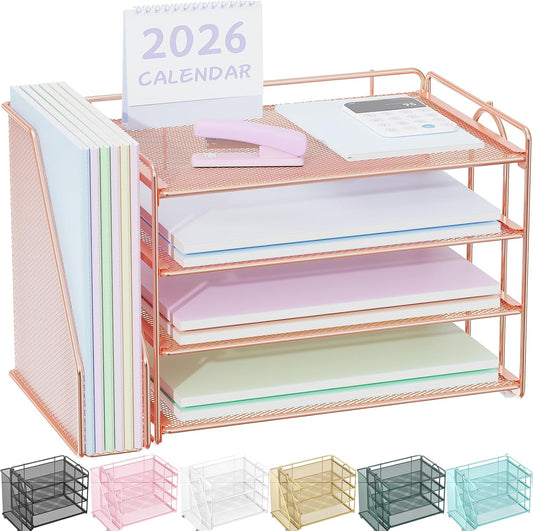 Spacrea Desk Organizers and Accessories, Paper Organizer for Desk with File Organizer, Desk Accessories & Workspace Organizers for Office Supplies (Rose Gold)
