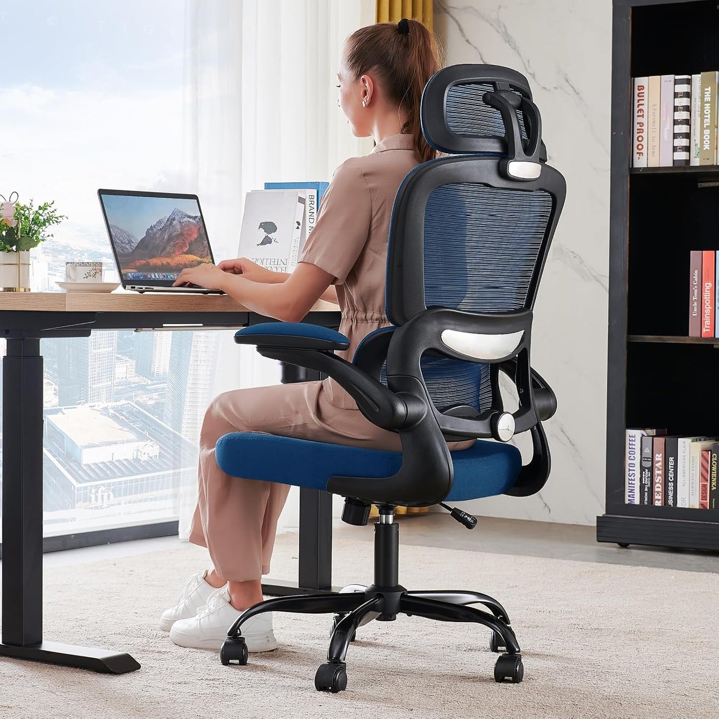 TRALT Office Chair Ergonomic Desk Chair, 330 LBS Home Mesh Office Desk Chairs with Wheels, Comfortable Gaming Chair, High Back Office Chair for Long Hours (Blue)