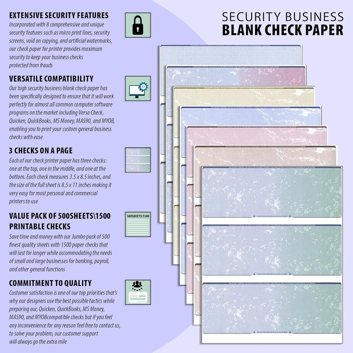 Business Voucher Check Stock - Computer Laser Checks - 3 Checks Per Page, 500 Sheets/1500 Checks, Gold Pinstripe