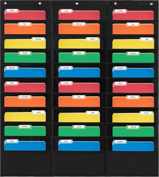 Essex Wares - 30 Pocket File Pocket Chart, Black, 42" Wide x 47" Tall - Versatile Wall Hanging File Folder Organizer for Classroom, Office, Home, and More - Wall Folder Organizer - 30 Pockets