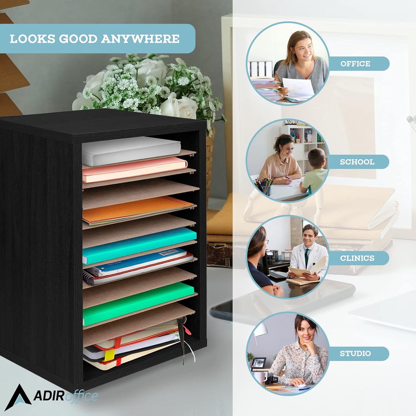 AdirOffice Classroom Mailbox - 11 Compartment Wooden Mail Organizer, Construction Paper Storage, Vertical Desktop Sorter with Slots, Mailboxes With Removable Shelves (11 Slot, Black)