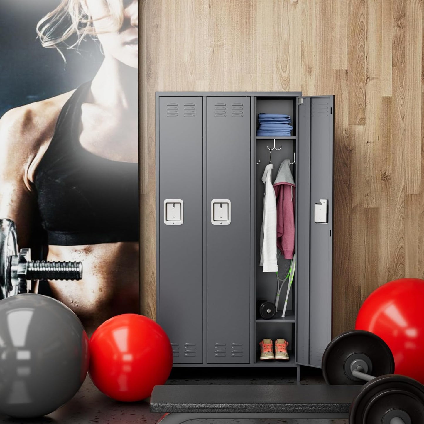 Metal Storage Locker with 3 Doors,Metal Locker for Employees with 9 Hooks for School Garage Office Gym Home,Assembly Required,Dark Grey