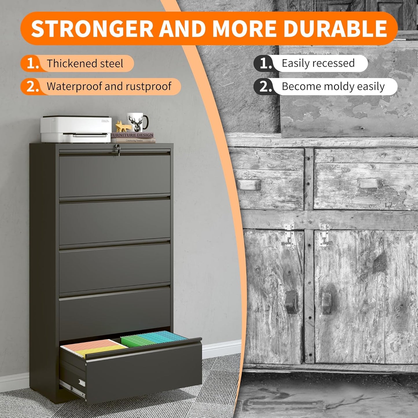 Locking File Cabinet with 5 Drawer Heavy Duty Large Metal Filing Cabinet Home Office Lateral File Cabinets Wide Steel Cabinets for Legal/Letter Size Files,Assembly Required
