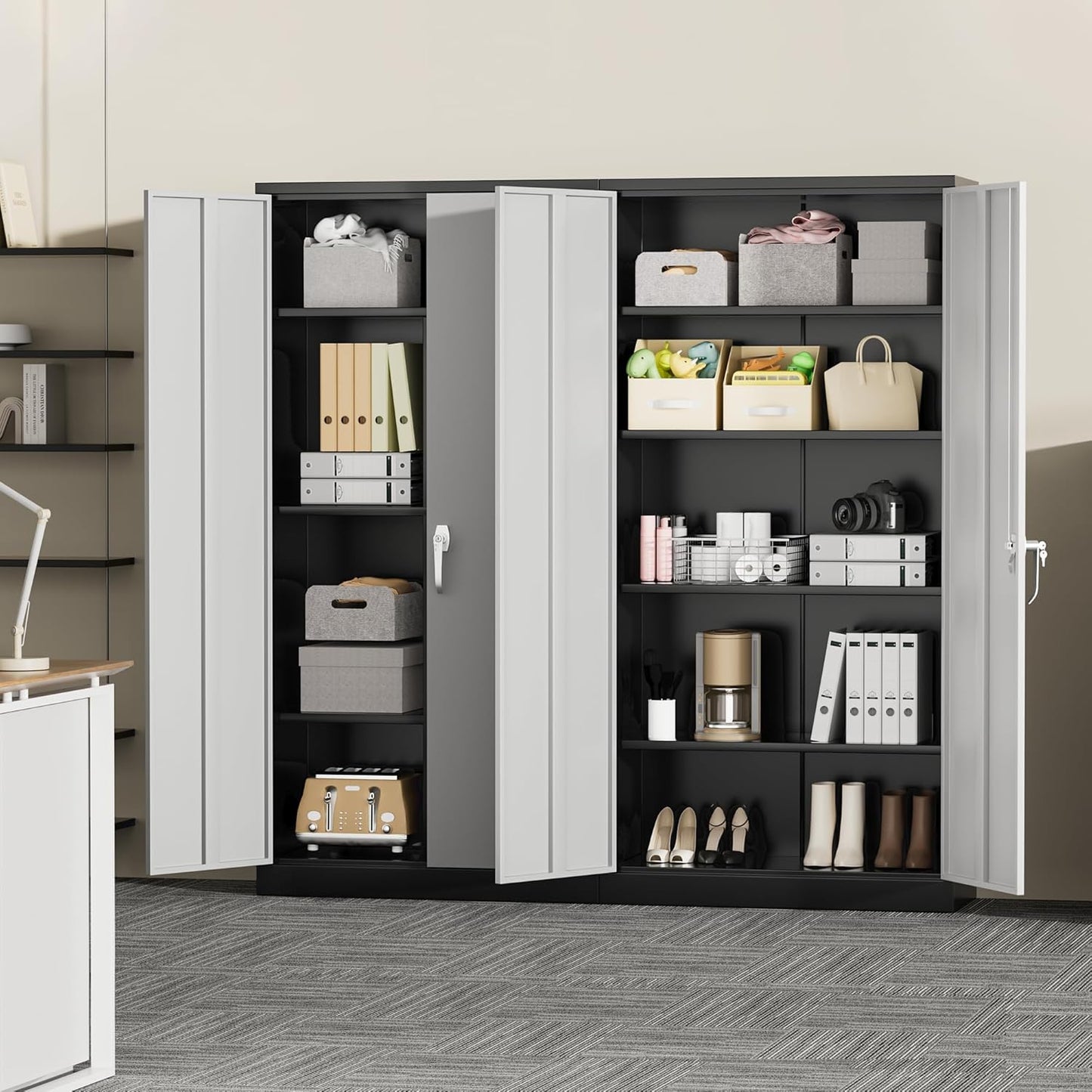 Greenvelly Metal Garage Storage Cabinet with Lock, 72”Metal Storage Cabinet with 2 Doors and 4 Adjustable Shelves, Steel Tool Cabinet for Garage,Home Office, School,Gym (Black Grey)