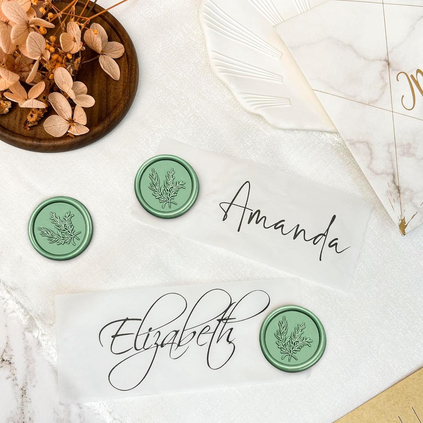 100Pcs Wax Seal Stickers Handmade Envelope Seals Self Adhesive Wax Stickers for Wedding Party Invitations, Envelope, Gift Wrap, Christmas(Rosemary Style, Olive Green)