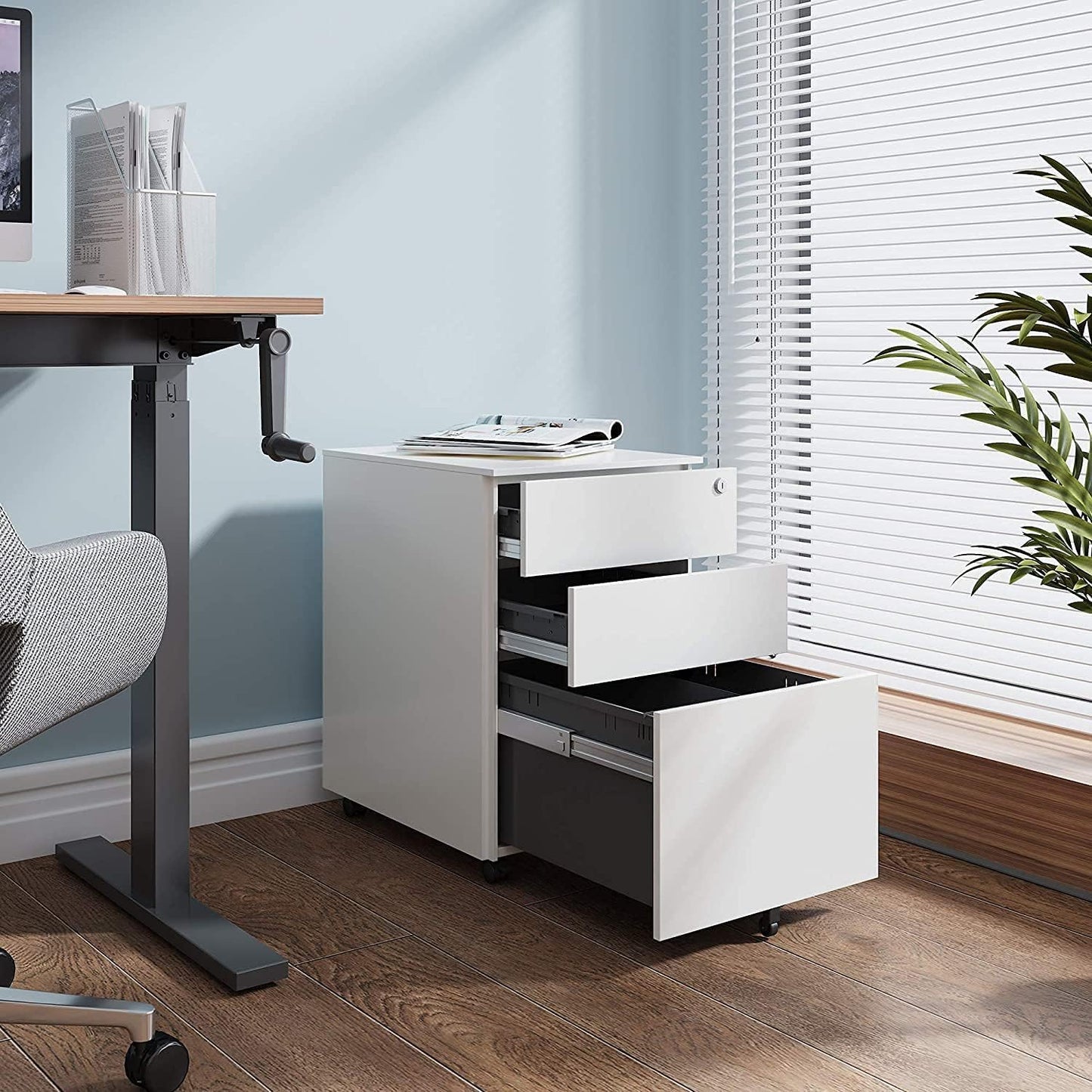 DEVAISE 3 Drawer Rolling File Cabinet, Locking Filing Cabinet for Home Office, Fully Assembled Under Desk Cabinet, White