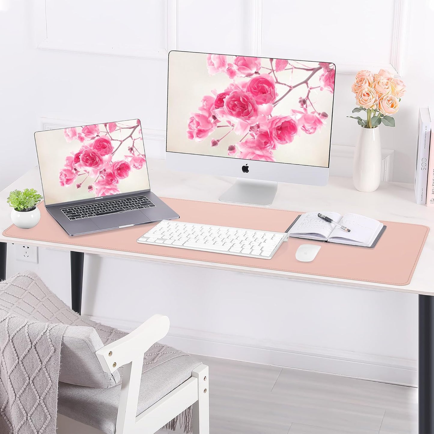 AFIING Leather Desk pad Protector, Large Non-Slip Office Desk Mat with Natural Cork & PU Leather, Waterproof Writing Mouse Pad for Office and Home (55in*17in,Pink)