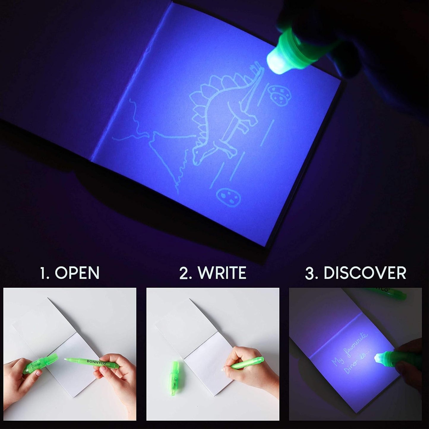 BONNYCO Invisible Ink Pen and Notebook Pack 16 Dinosaur Party Favors for Kids, Magic Spy Pen Goodie Bags Stuffers for Kids, Dinosaur Birthday Party Supplies, Goody Bag Stuffers Return Gifts Prizes