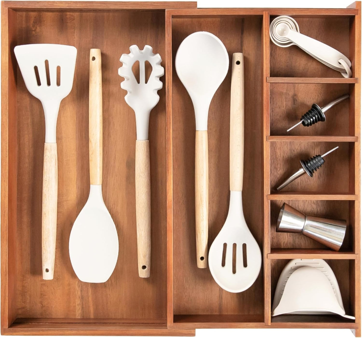 Adjustable Kitchen Drawer Organizer for Utensils and Junk, Food-Safe Contract Grade with 100% Sustainable Wood, Non-Slip, Expandable from 10.5 to 18.5 Inches Wide - Natural Acacia