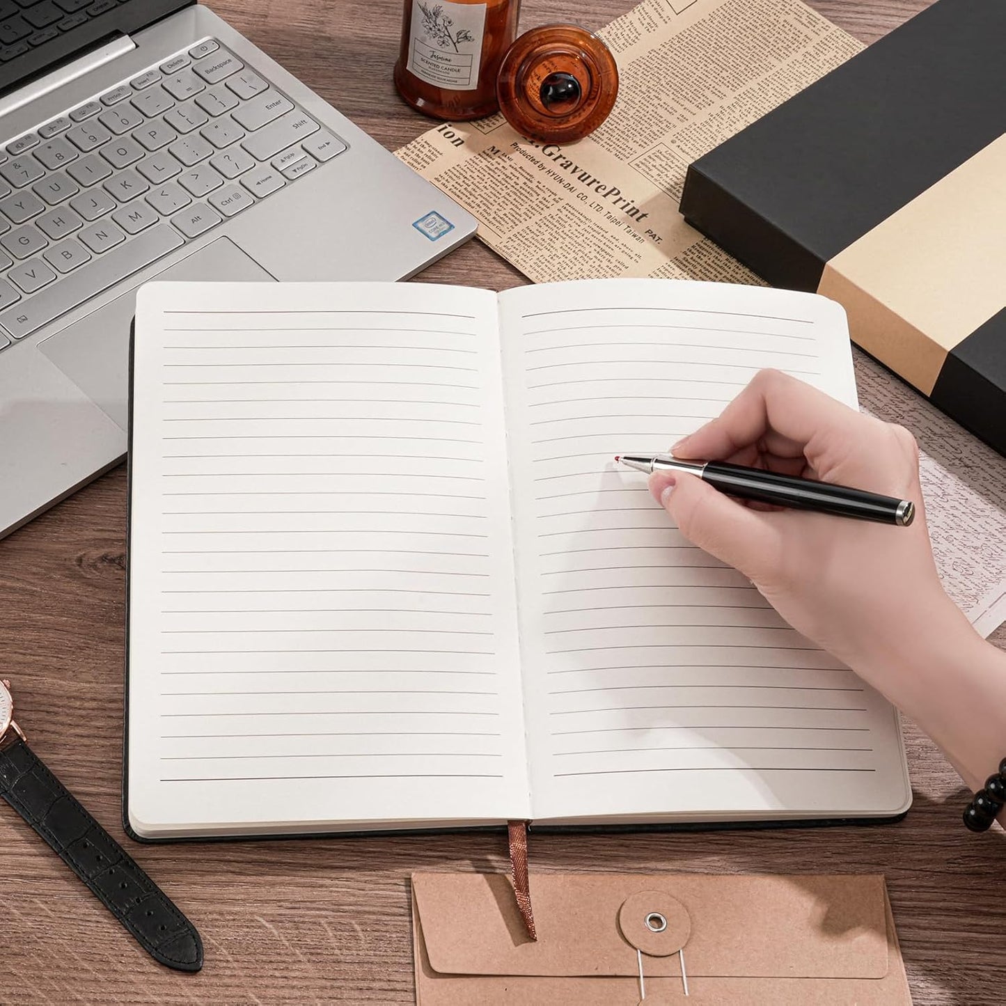 Lined Notebook Journal for Women Men 320 Pages A5 Hardcover Leather with Pen Holder College Ruled Journals for Work Note Taking Travel School Gray