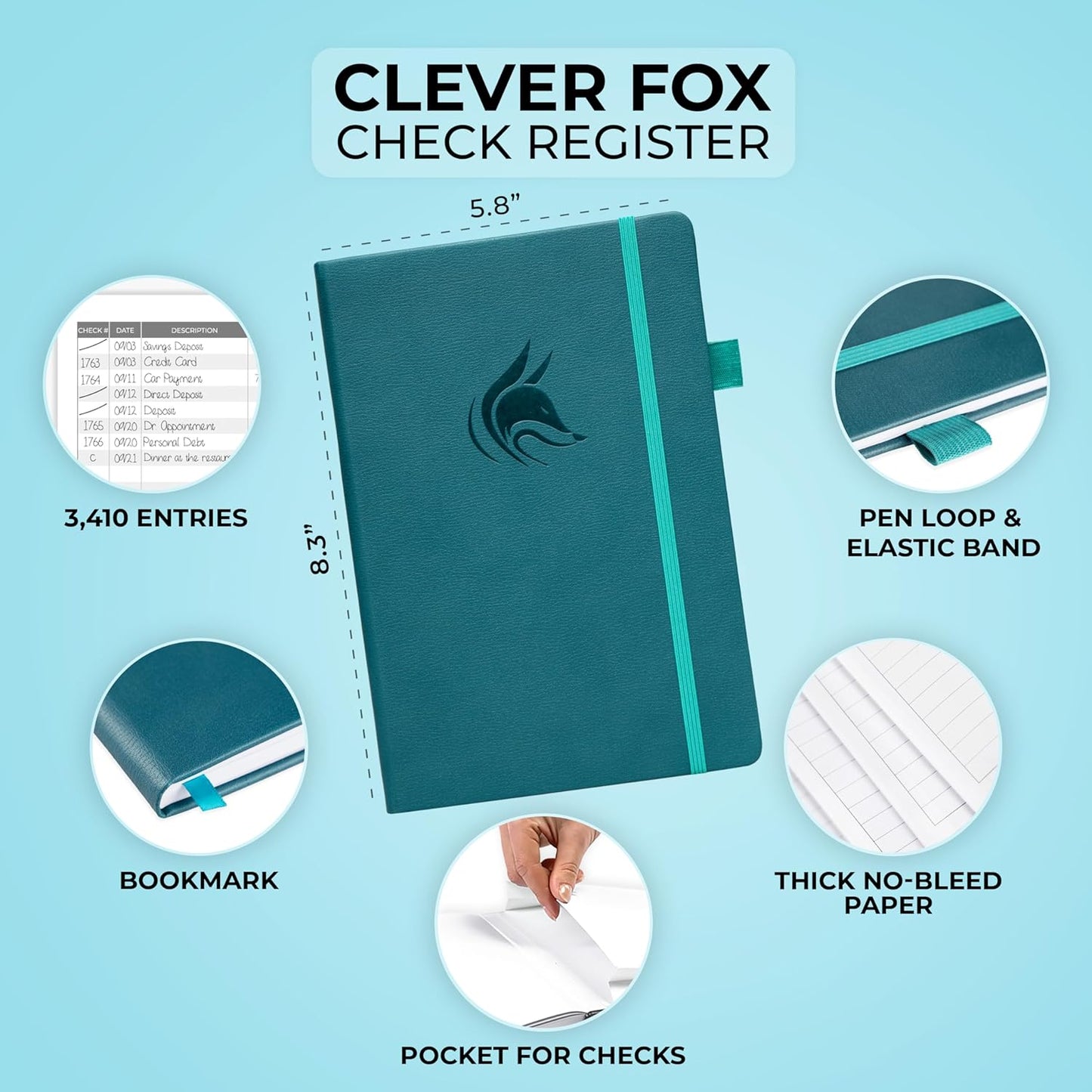 Clever Fox Check Register Book - Deluxe Transaction Register, Accounting Ledger Book, Checkbook Register & Checking Account Register Book for Personal and Work Use, A5 Hardcover - Dark Teal