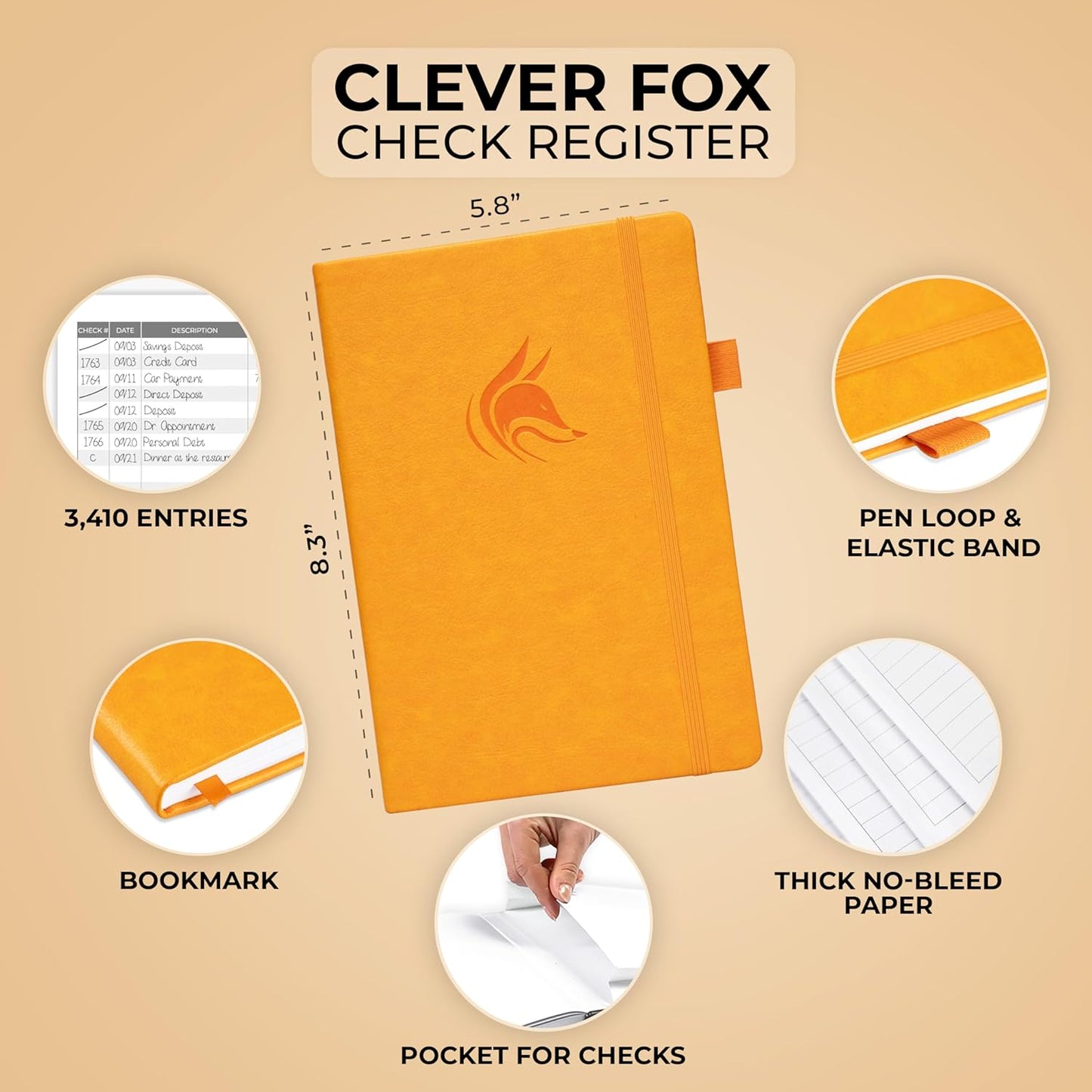 Clever Fox Check Register Book - Deluxe Transaction Register, Accounting Ledger Book, Checkbook Register & Checking Account Register Book for Personal and Work Use, A5 Hardcover - Yellow