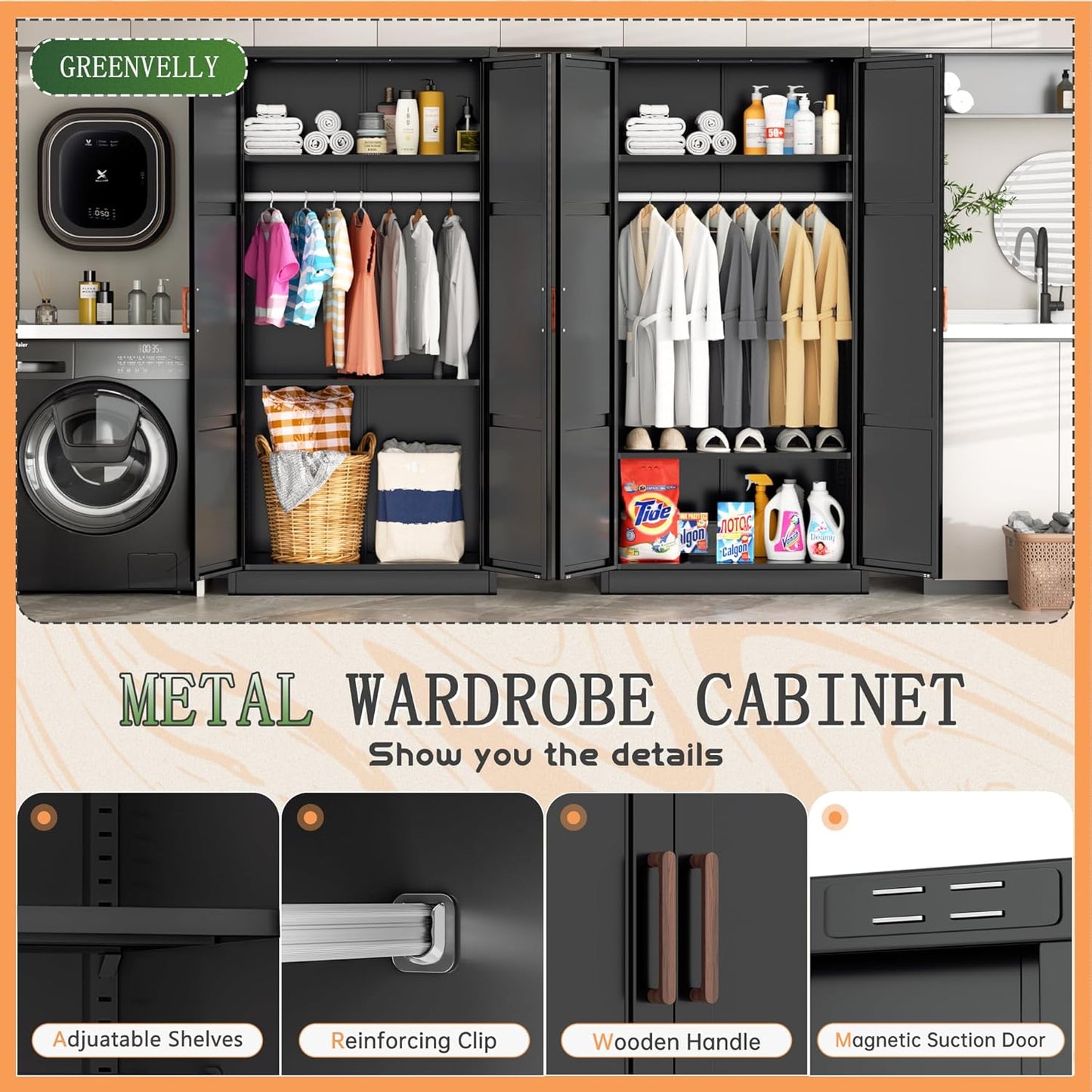 Greenvelly Metal Wardrobe Cabinet with Wooden Handle, 72" Black Metal Wardrobe Closet with Hanging Rods and Adjustable Shelves, Clothing Storage Closet Cabinet for Home, Office, Employee, Gym