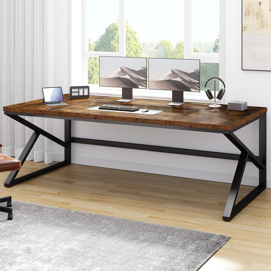 HSH Large Rustic Brown Computer Desk, 70 Inch Home Office Metal Wood Desk for 2 Person, Farmhouse Extra Long Writing Study Gaming Table, Bedroom Living Room PC Laptop Dual Monitor Desk