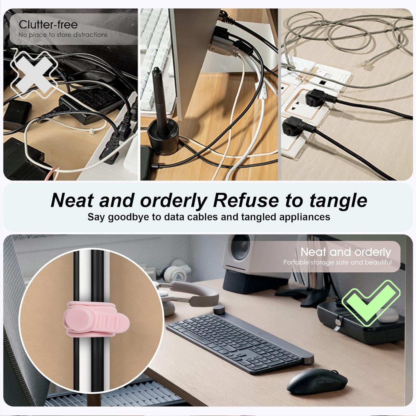 Nearockle Silicone Cable Ties Cord Organizer for Cable Management, 16PCS 4.2" and 7.1" Reusable Cable Organizer Electronic Accessories for Home, Office, Kitchen, School, Travel (Pink)