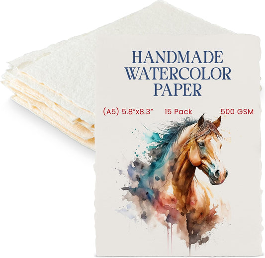 Wanderings Thick Handmade Watercolor Paper with Deckled Edge A5-5.8x8.3-500GSM Premium Ivory Cold-Pressed Textured Mixed Media Paper Made with Recycled Cotton - 15 Loose Leaf Sheets