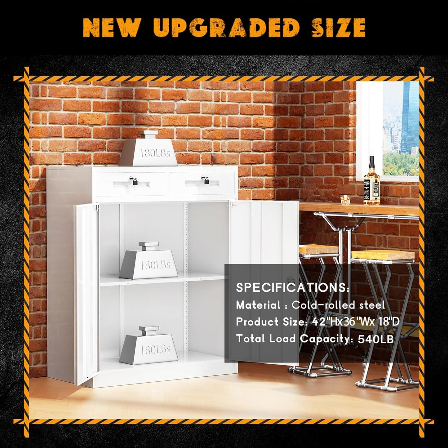 Greenvelly Metal Storage Cabinet, 42' White Steel Garage Cabinet with 2 Doors, Adjustable Shelves, Locking for Office, School or Tool Organization