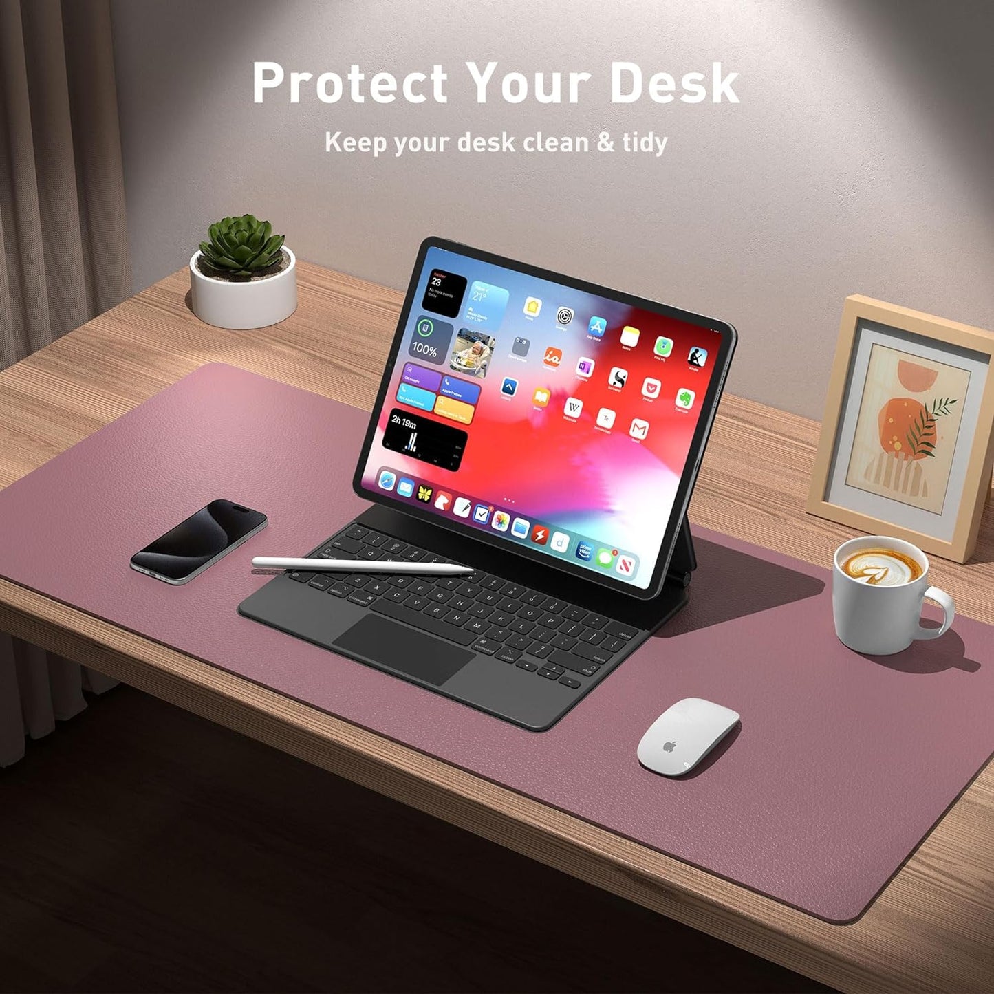 Aothia Leather Desk Pad Protector, Mouse Pad, Office Desk Mat, Non-Slip PU Leather Desk Blotter, Laptop Desk Pad, Waterproof Desk Writing Pad for Office and Home (Dark Pink, 23.6" x 13.7")