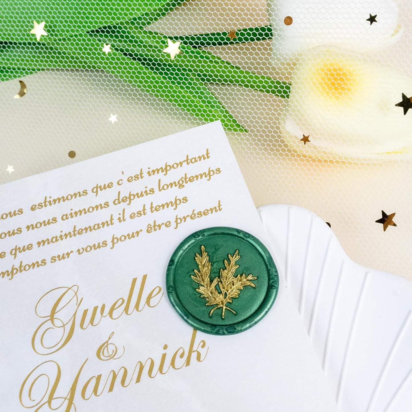 100Pcs Gold & Green Wax Seal Stickers - Handmade Envelope Seals, Self Adhesive Wax Stickers for Wedding Party Invitations, Envelope, Gift Wrap, Christmas (Gold Rosemary Style, Green)