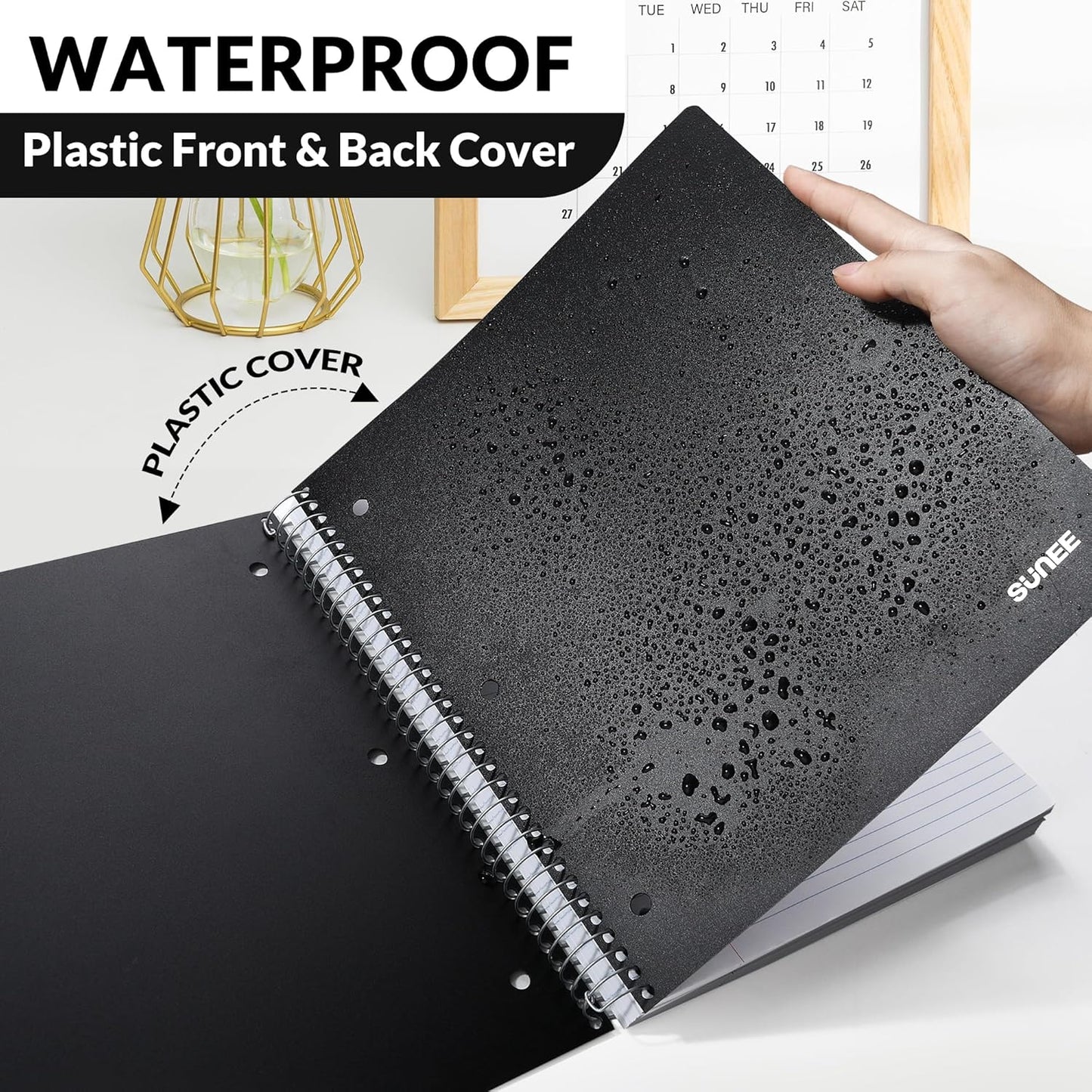 SUNEE 5 Subject Notebook College Ruled - 400 Pages, 9"x11", 5 Pocket Colored Dividers, 3-Hole Punched Paper, Black