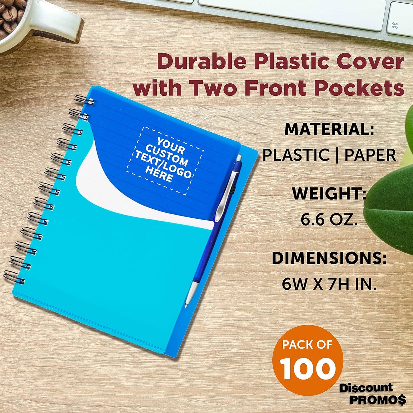 DISCOUNT PROMOS Custom Spiral Notebooks with Front Pocket Set of 100, Personalized Bulk Pack - Durable Plastic Cover, Includes Matching Pen in Blank Ink, Perfect for School, Office, Home - Blue