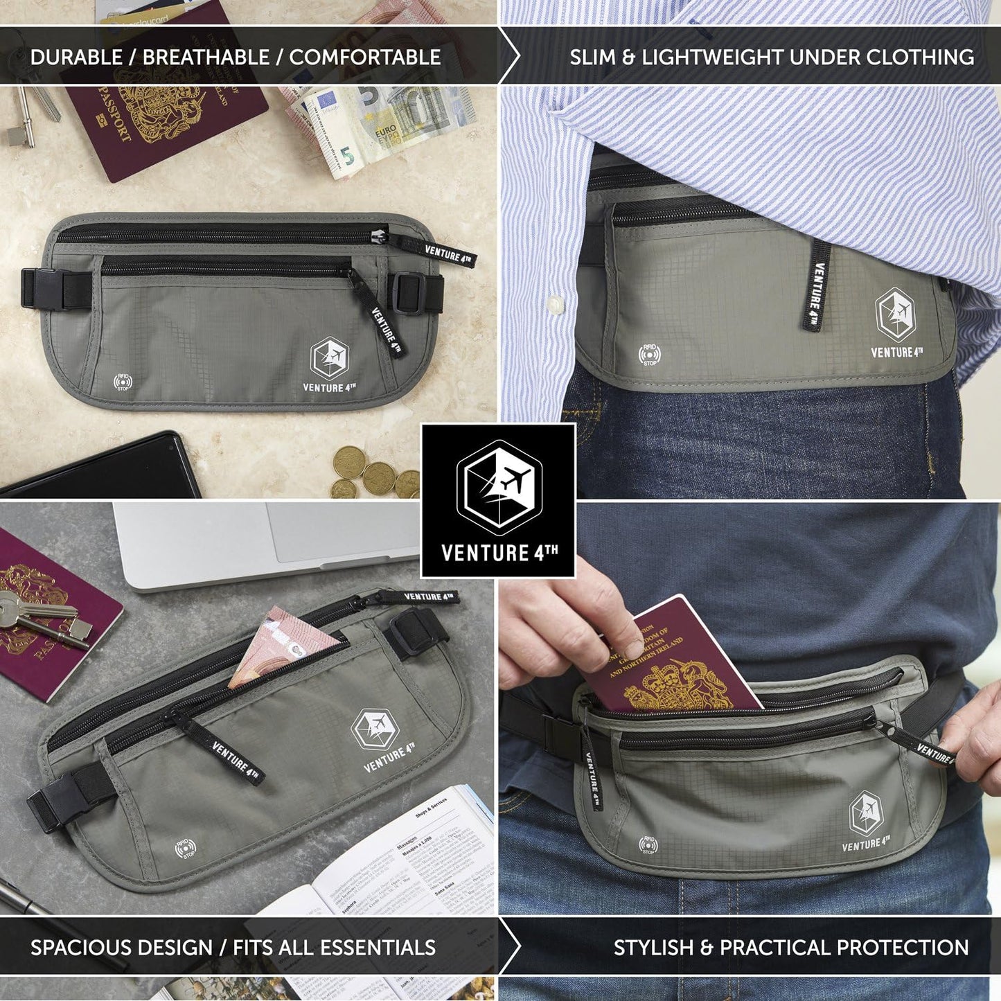 VENTURE 4TH Travel Money Belt - Slim Passport Holder RFID Blocking Travel Pouch to Protect Cash, Credit Cards and Travel Documents (Gray)