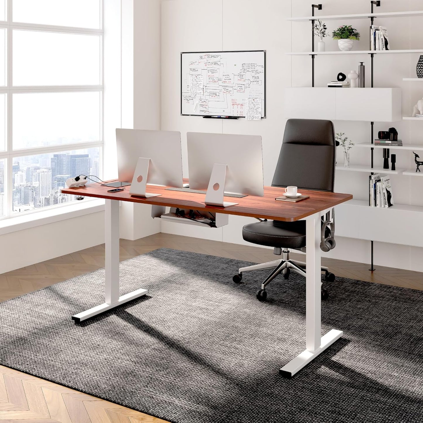 FLEXISPOT EN1 Essential Adjustable Height Desk Electric 40 inch X 24 inch Whole-Piece Desktop Small Standing Desk Ergonomic Memory Controller (White Frame + 40 inch Mahogany Desktop)