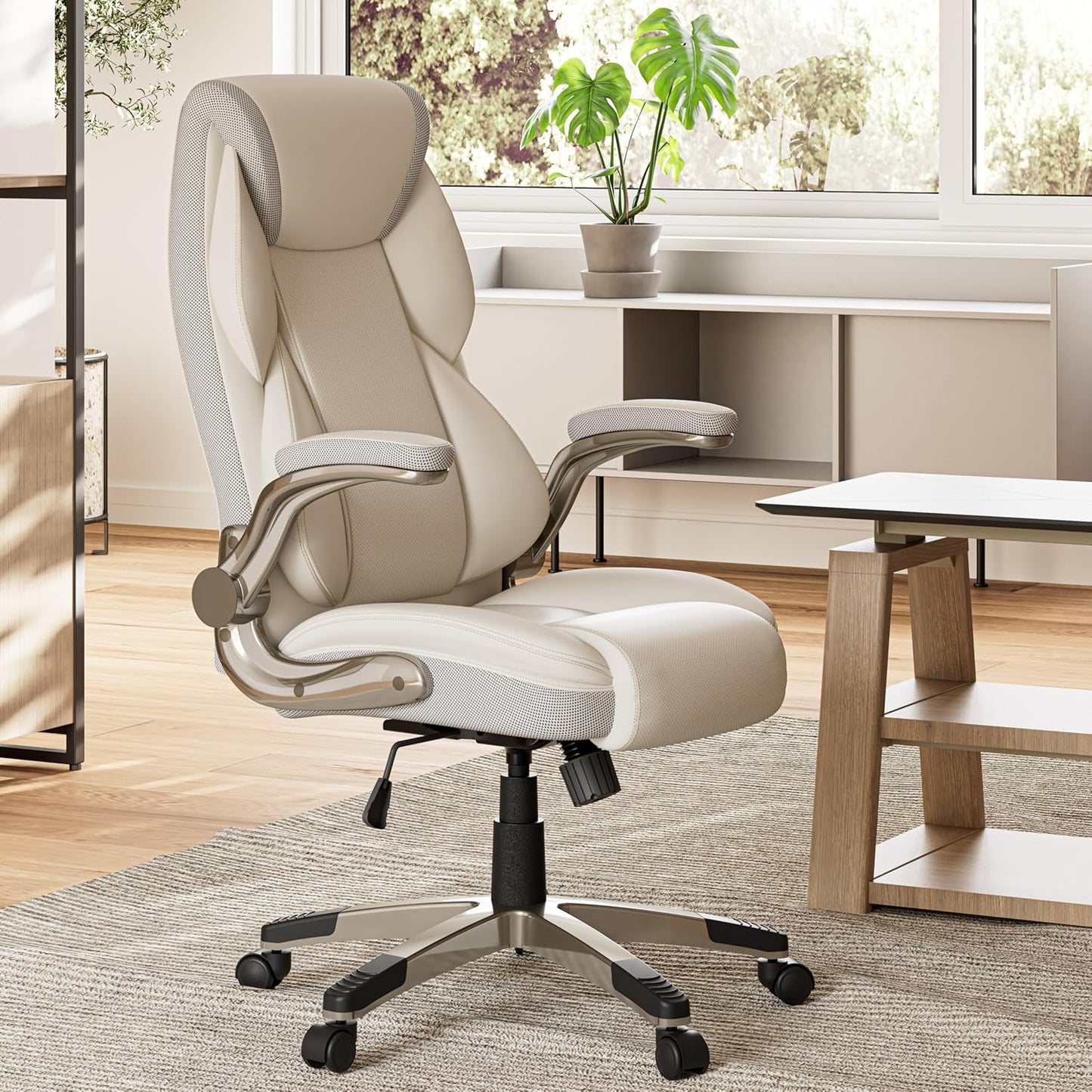 EUREKA ERGONOMIC Executive Office Chair Flip Up Arm Rest, Ergonomic Desk Chair Faux Leather Computer Chair, High Back Office Chair with Headrest, Home Office Desk Chairs with Wheels, Beige