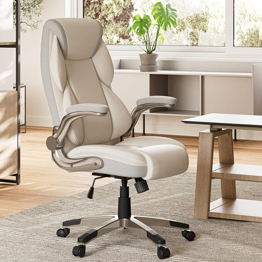 EUREKA ERGONOMIC Executive Office Chair Flip Up Arm Rest, Ergonomic Desk Chair Faux Leather Computer Chair, High Back Office Chair with Headrest, Home Office Desk Chairs with Wheels, Beige