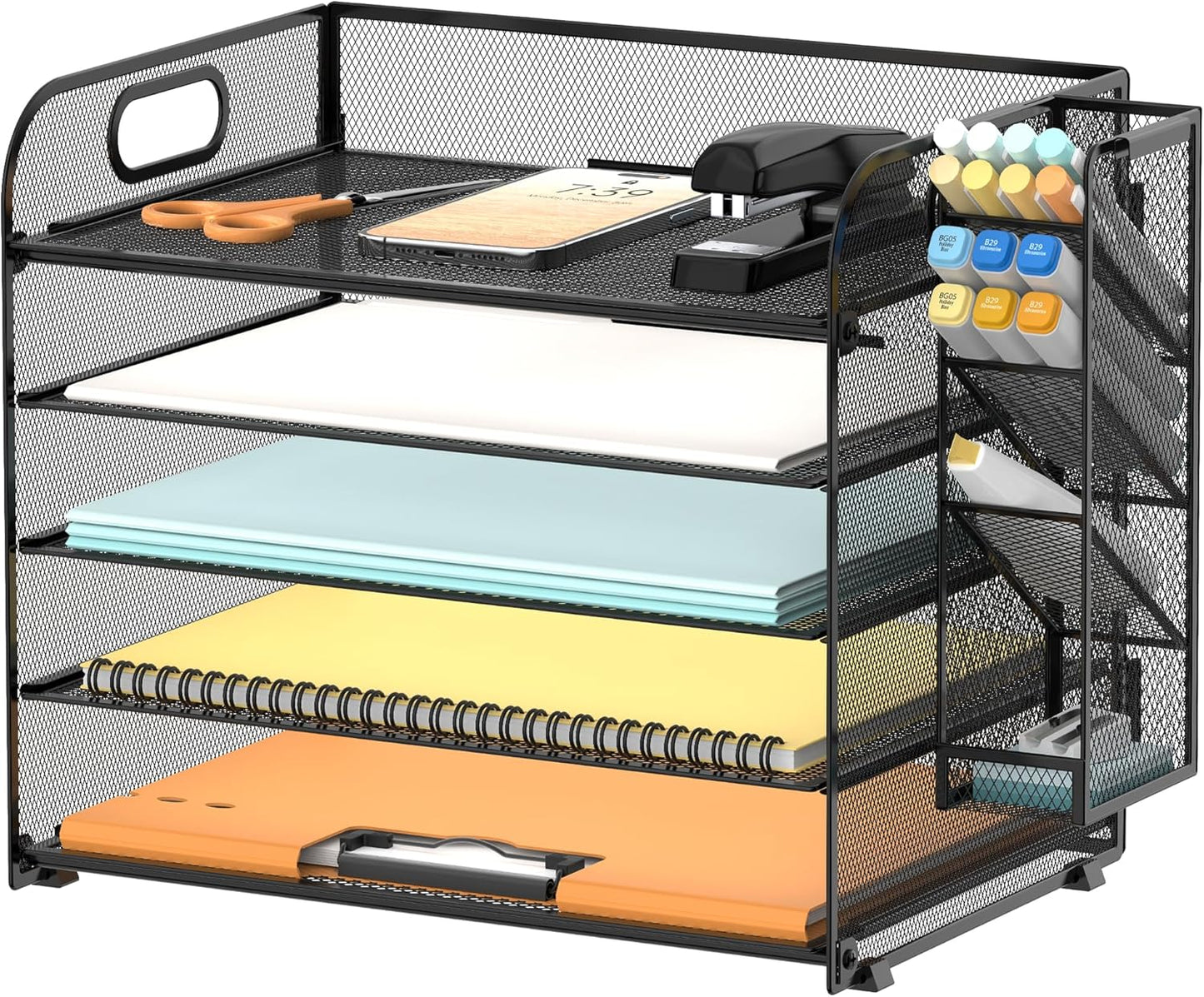 SUPEASY 5 Tier Desk Organizer with Handle & Removable Pen Holders, Mesh Paper/File Organizer for Desk, Paper Letter Tray Organizer for Office Supplies (Black)