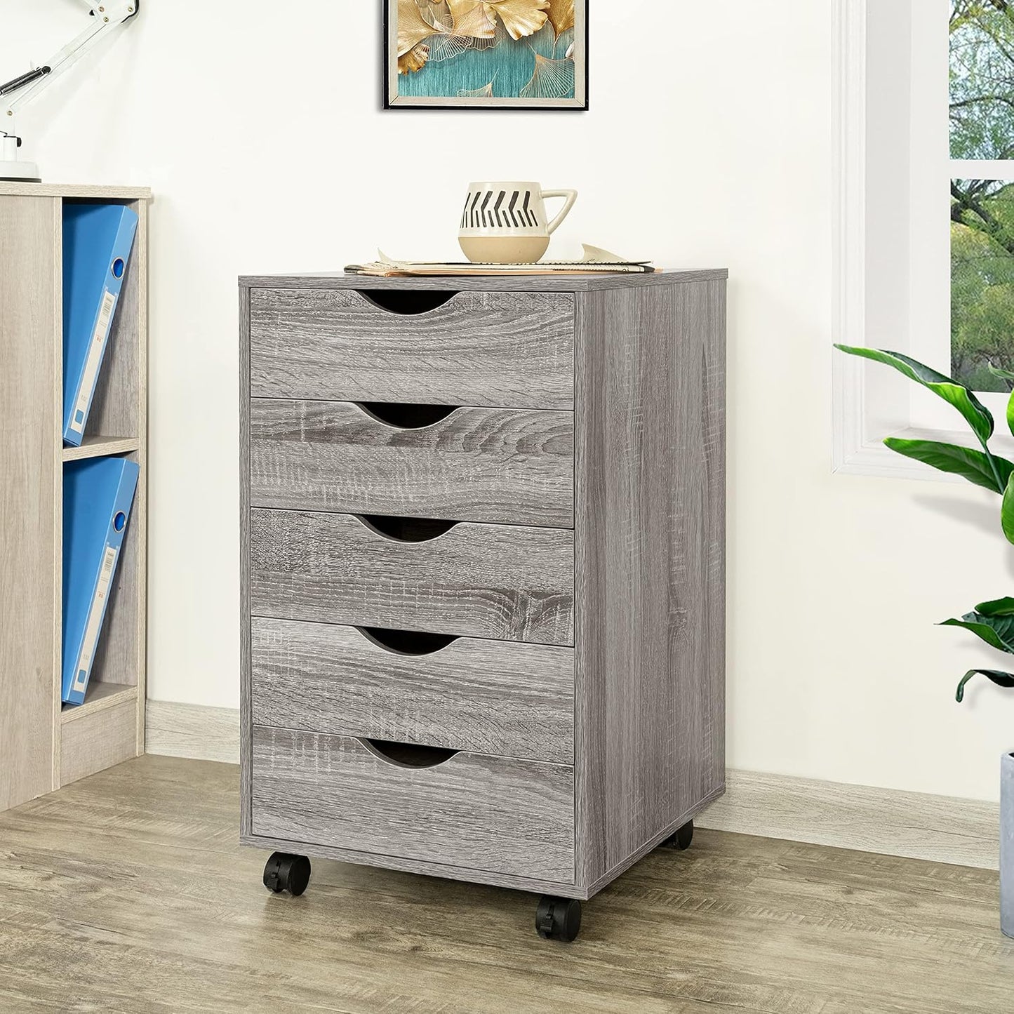 Naomi Home 5 Drawer Office Storage File Cabinet, Under Desk Cabinets for Organization Filing Cabinet with Wheels, Printer Stand Storage, 180 lbs Capacity - Gray Oak 11394AM