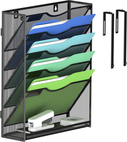 Kuntine.B Wall File Organizer Office Hanging Magazine Holder Wall File Organizer for Office Home (Black, 6 Tier & Hangers)