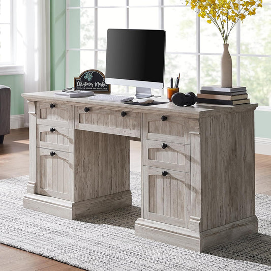 OKD 60" Executive Desk with Drawers, Farmhouse Home Office Desk with Charging Station, Keyboard Tray, File Cabinet Storage, Wood Computer Desk for Work and Study, Antique Brushed White