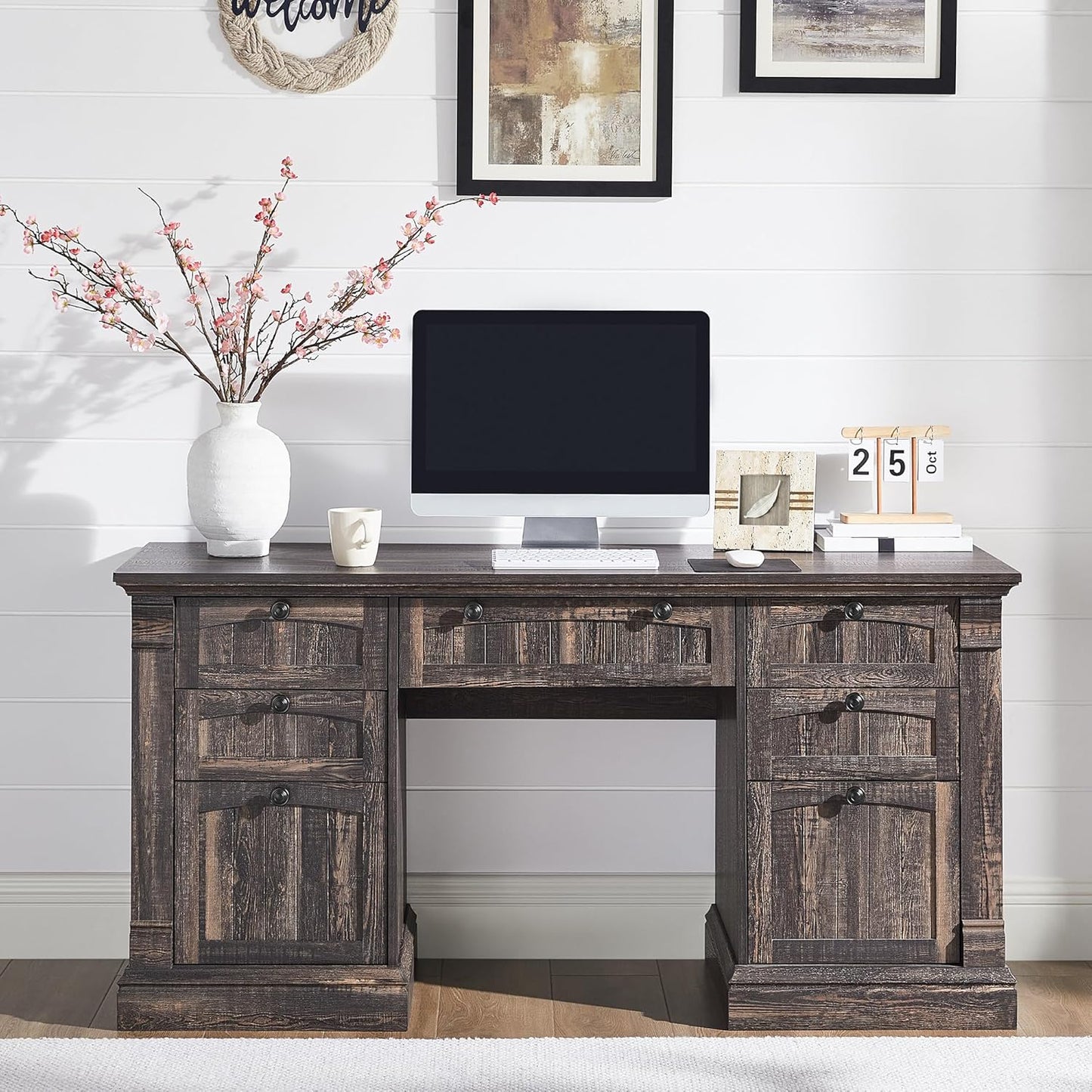 OKD 60" Executive Desk with Drawers, Farmhouse Home Office Desk with Charging Station, Keyboard Tray, File Cabinet Storage, Wood Computer Desk for Work and Study, Dark Rustic Oak