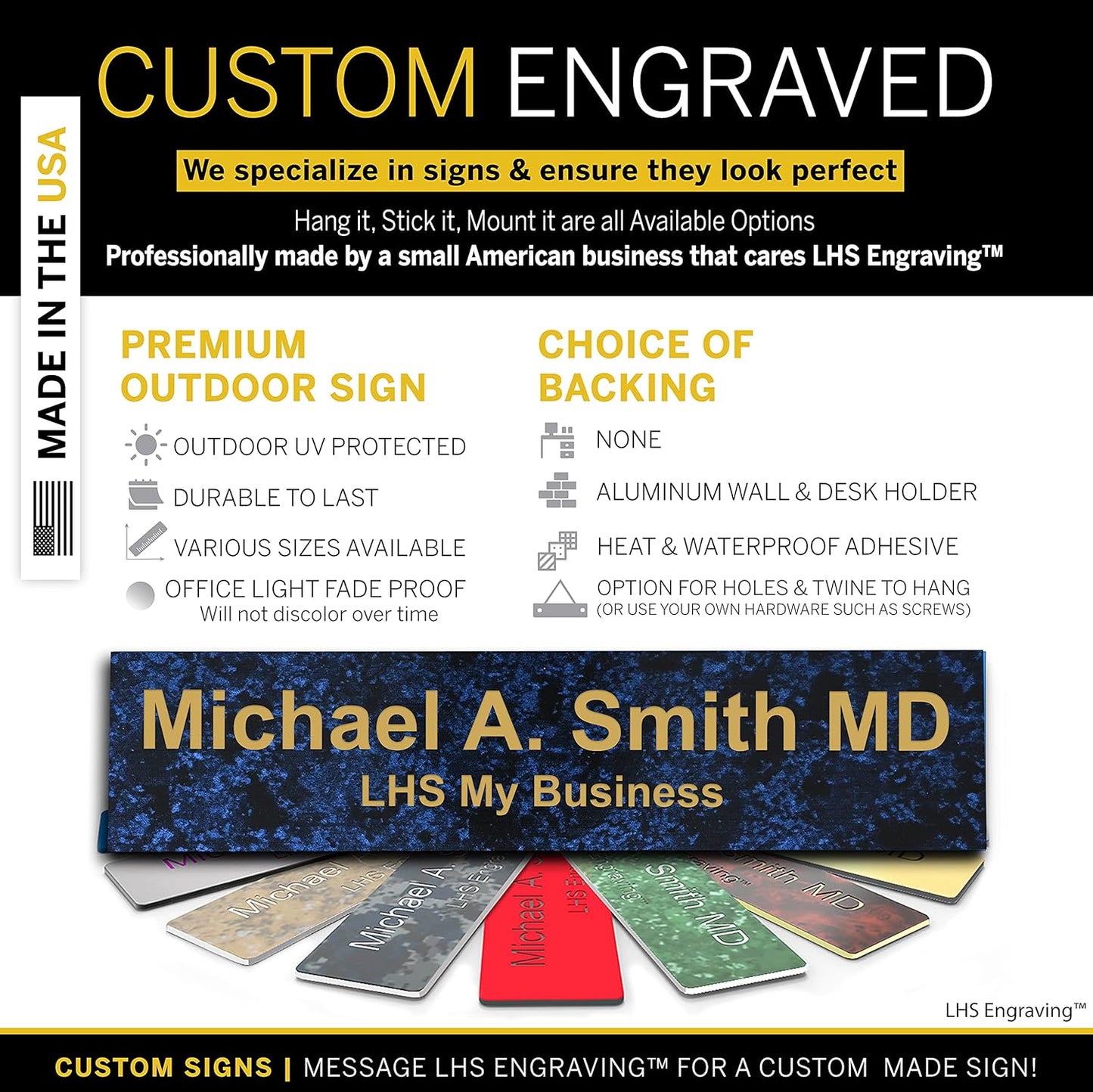 Engraved Custom Door Plate Celestial Blue Plastic Office Door Sign with Gold Letters - Made in USA 2x8 S1