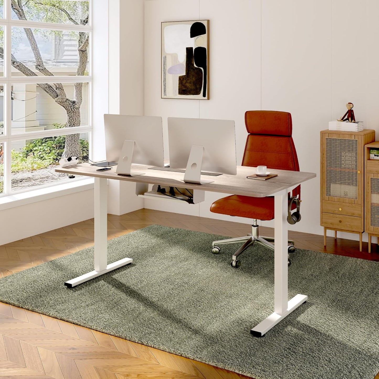 FLEXISPOT EN2 Whole-Piece Standing Desk with Clamp Power Strip, 48 x 30 Electric Stand Up Height Adjustable Desk with Cable Management (White Frame + 48" Gray Wood Grain, 2 Packages)