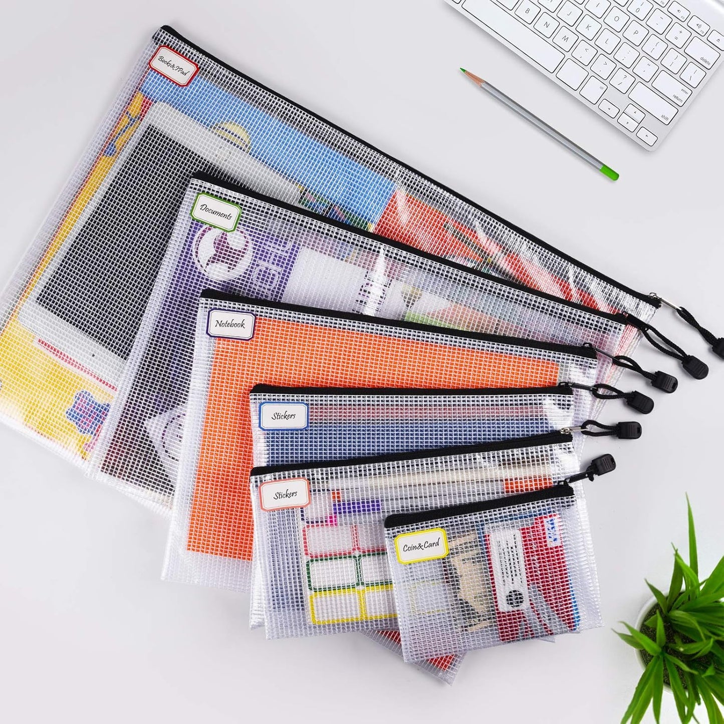 12 Pcs Plastic Mesh Zip File Bags, Waterproof Tear-Resistant Document File Folders, MultiSize Zipper Documents Pouch Organizer Bags for School Office Home Travel Storage(6 Sizes)