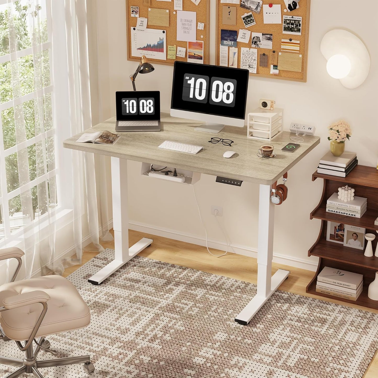FLEXISPOT EN2 Whole-Piece Standing Desk with Clamp Power Strip, 48 x 24 Electric Stand Up Height Adjustable Desk with Cable Management (White Frame + 48" White Wood Grain Desktop)
