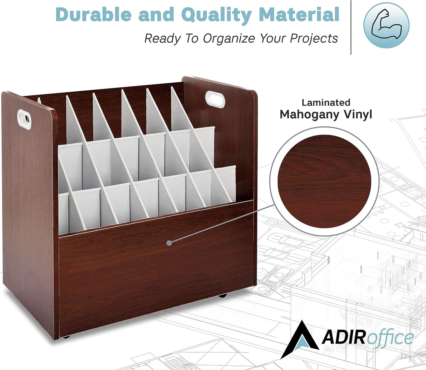 Adir Blue Print Storage Organizer - Mobile Roll File Cart, Construction Plan Holders, Blueprint Cabinet with Wheels, Roll Files Storage for Office and Home (21 Slots, Mahogany)