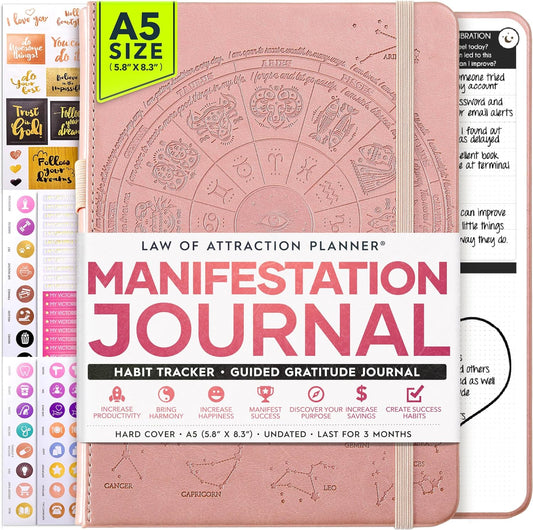 Manifestation Journal - 5 Minute Manifesting & Self Care Journal | 90-Day Undated Daily Planner for Positivity, Affirmations & Gratitude | Guided Mindfulness, Reflection | Vision Board + Stickers