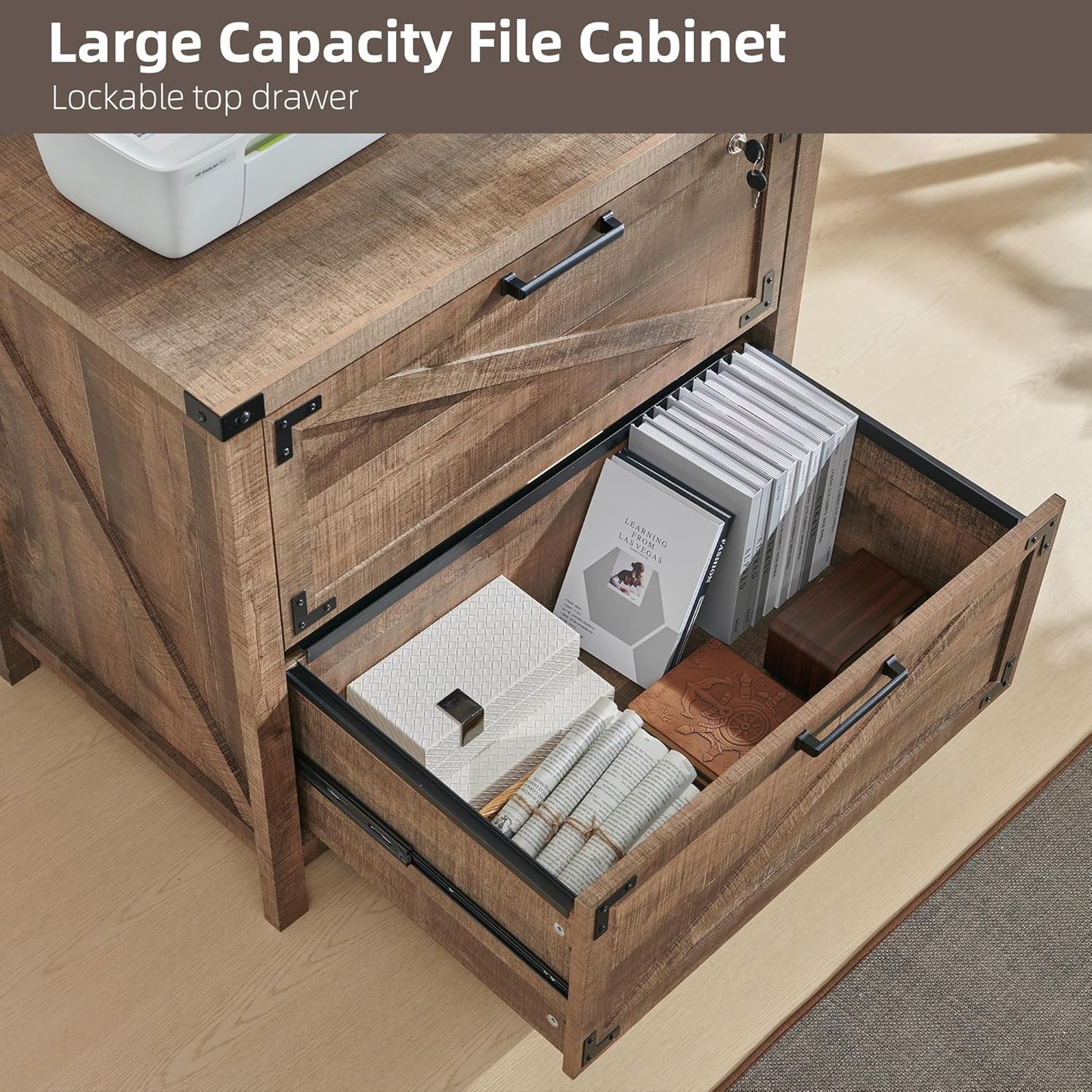 JXQTLINGMU 2 Drawer Farmhouse File Cabinet, Lateral Filing Cabinet with Lock for Home Office, Compatible Legal Letter A4 F4 Size, Warm Brown