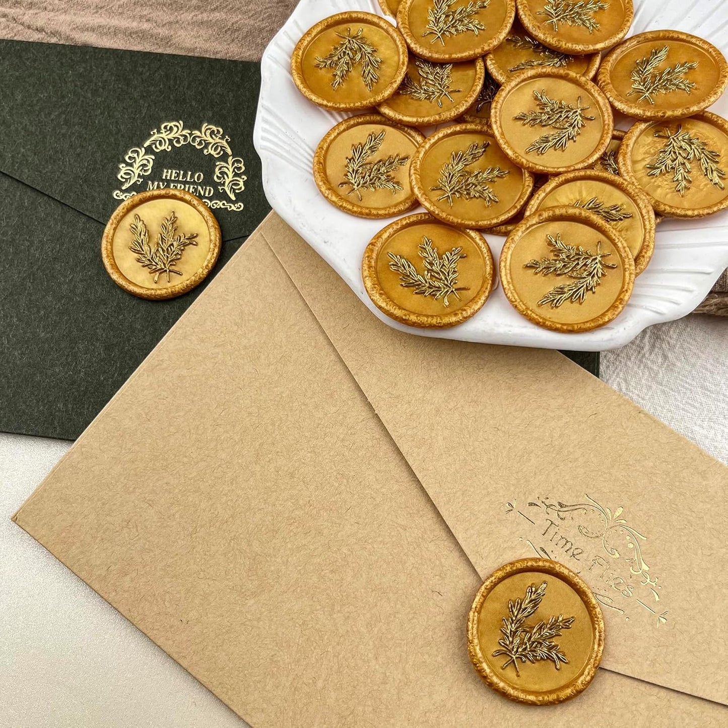 50Pcs Gold Wax Seal Stickers - Handmade Self-Adhesive Envelope Seals for Wedding Party Invitations, Gift Wrap, Christmas (Rosemary Style)