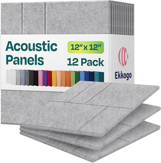 Acoustic Panels 12-Pack Soundproof Wall Panels 12"x12"x0.4" Decorative Sound Dampening for your Home, Office, Studio, Bedroom & More with Unique GridFrame Carving [Smoky White]