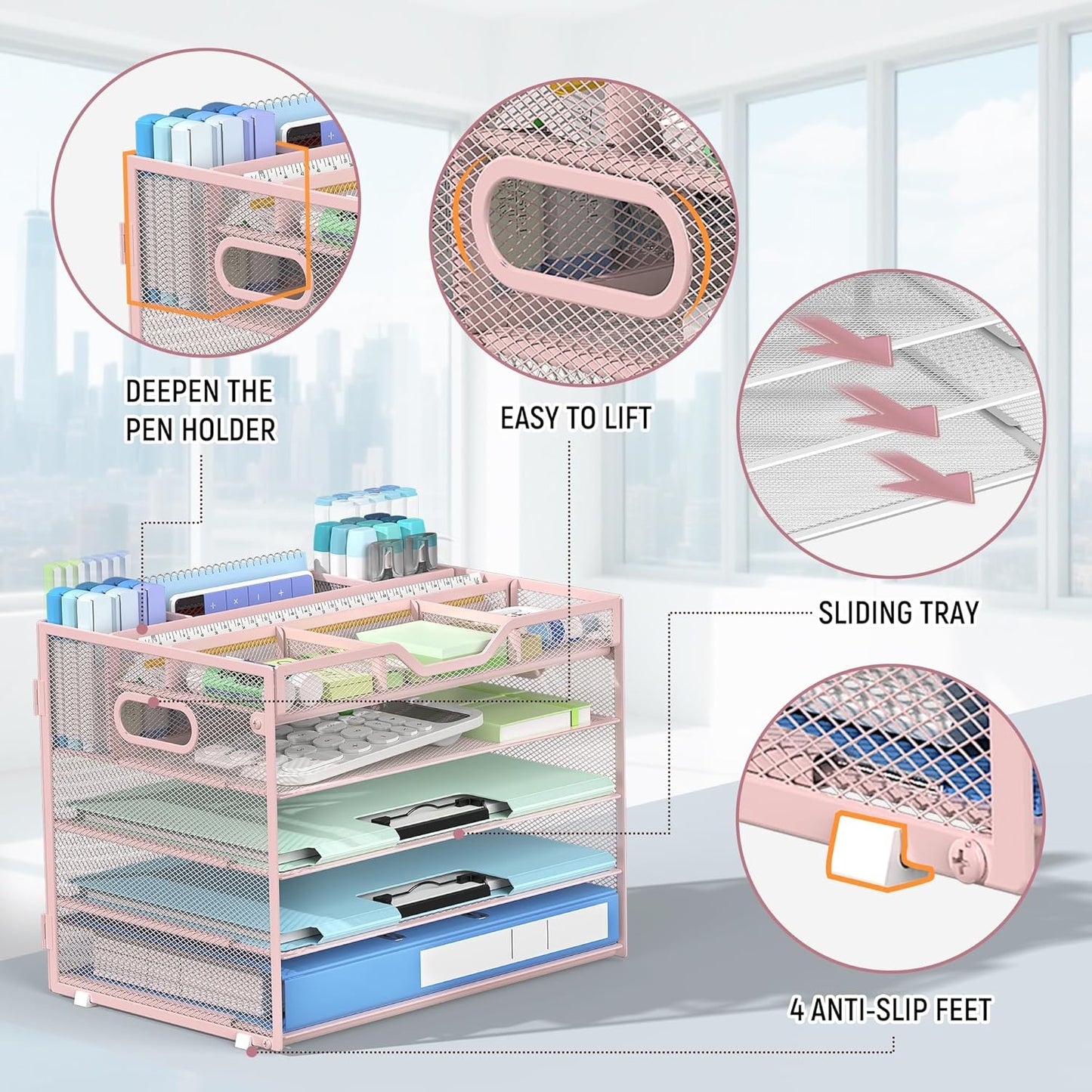 Docnest 5 Tier Mesh Desk Organizer- Letter Tray with Adjustable Compartments, Mesh Desktop Storage Built in Pen Holder and Handles, Desk Organizer Tray for Mail Documents Office Supplies–Pink