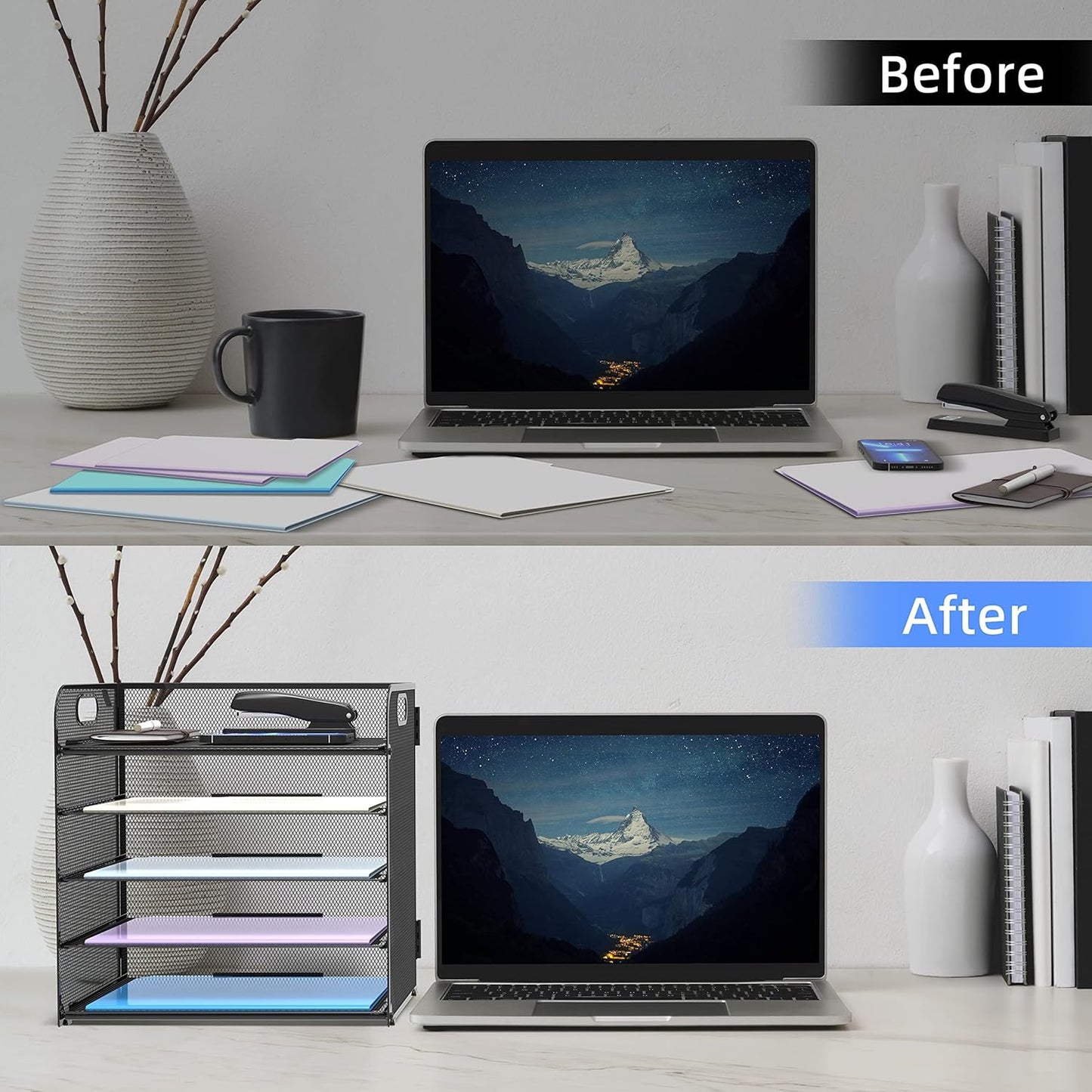 2 Pack 5-Tier Desk Organizer with Handle Mesh Desk File/Paper Organizer Letter Tray for Office, School and Home Easy Installation, Black