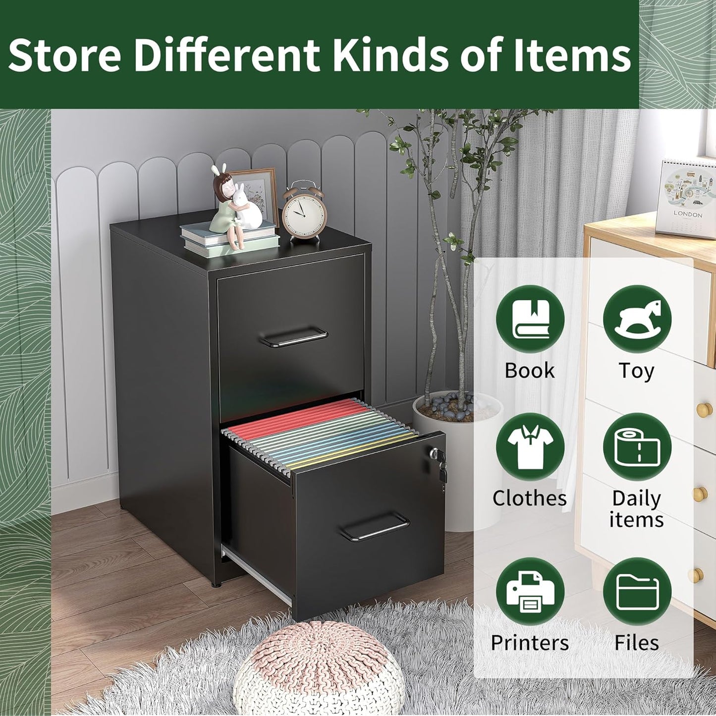 2 Drawer File Cabinet with Lock, Vertical File Cabinet with Lock, Locking File Cabinet Hanging Files for A4/ Legal/Letter,Black