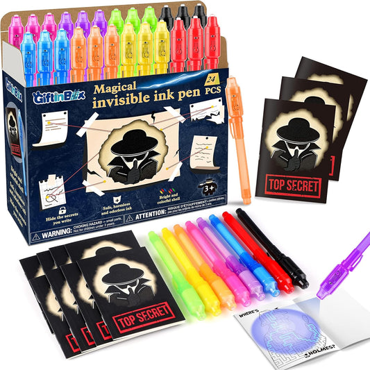 GIFTINBOX Invisible Ink Pens with UV light for Kids, Spy Pen Party Favors for Kids 8-12, 24Pack Invisible Ink Pen and Notebook, Magic Marker for Secret Message Birthday Party Favors for Kid 4-8