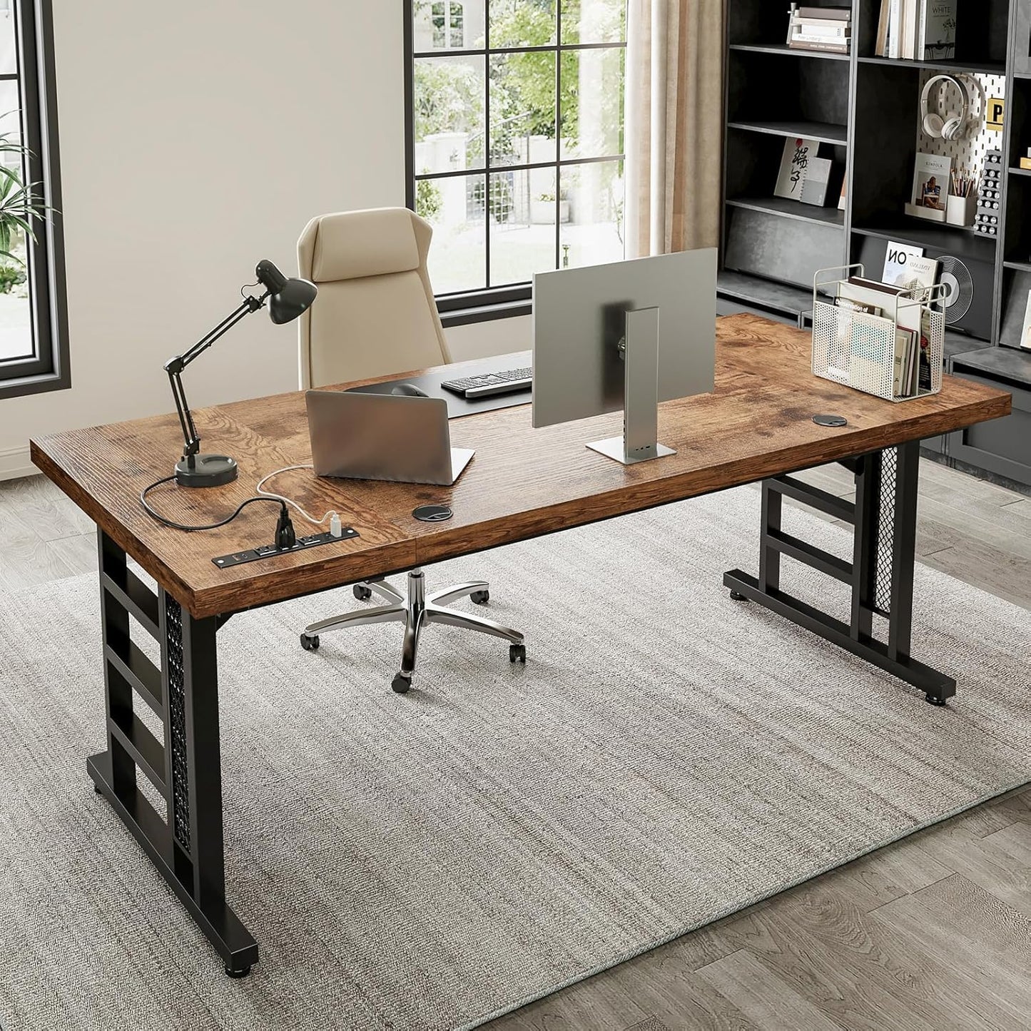 Coleshome 71 Inch Executive Desk with USB Ports, Large Computer Desk with Extra Thick, Long Mordern Office Desk, Workstation Business Furniture for Home Office, Vintage