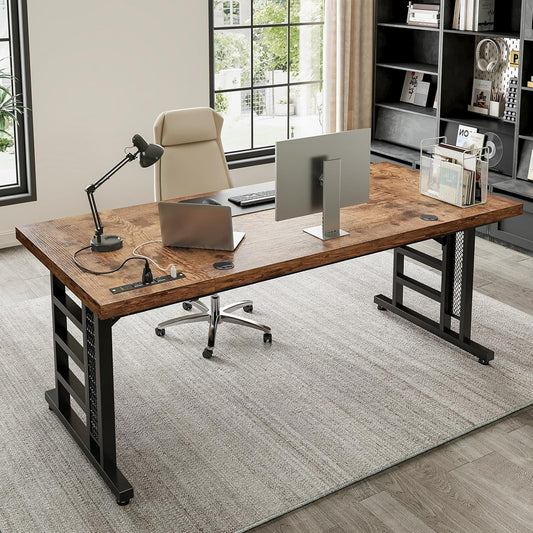 Coleshome 71 Inch Executive Desk with USB Ports, Large Computer Desk with Extra Thick, Long Mordern Office Desk, Workstation Business Furniture for Home Office, Vintage