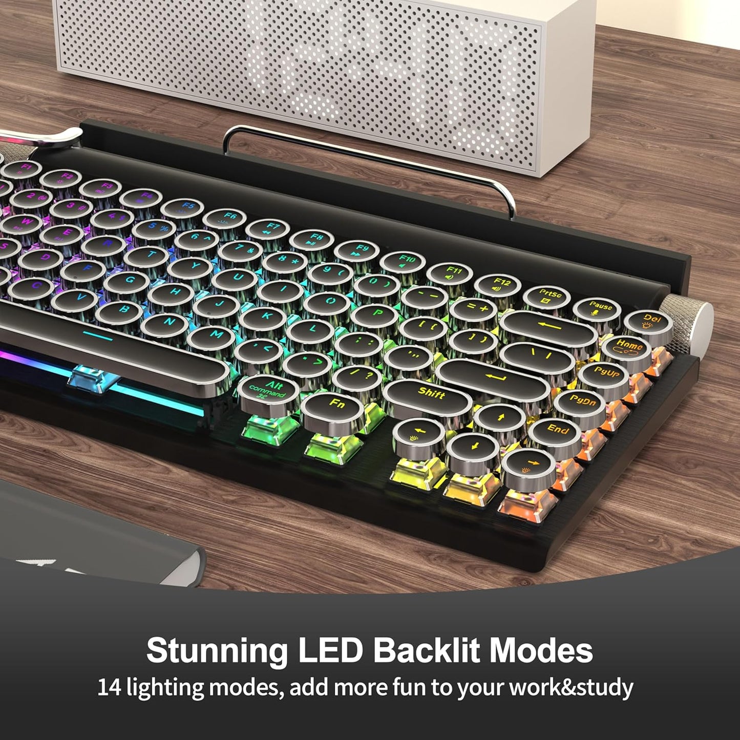 Retro Typewriter Mechanical Keyboard, Wireless Bluetooth 5.0 LED Backlit Office Computer Keyboards with 83-Key Clicky Blue Switches, Vintage Design for PC/Laptop/Mac/Pad/Phone/Gaming, Black